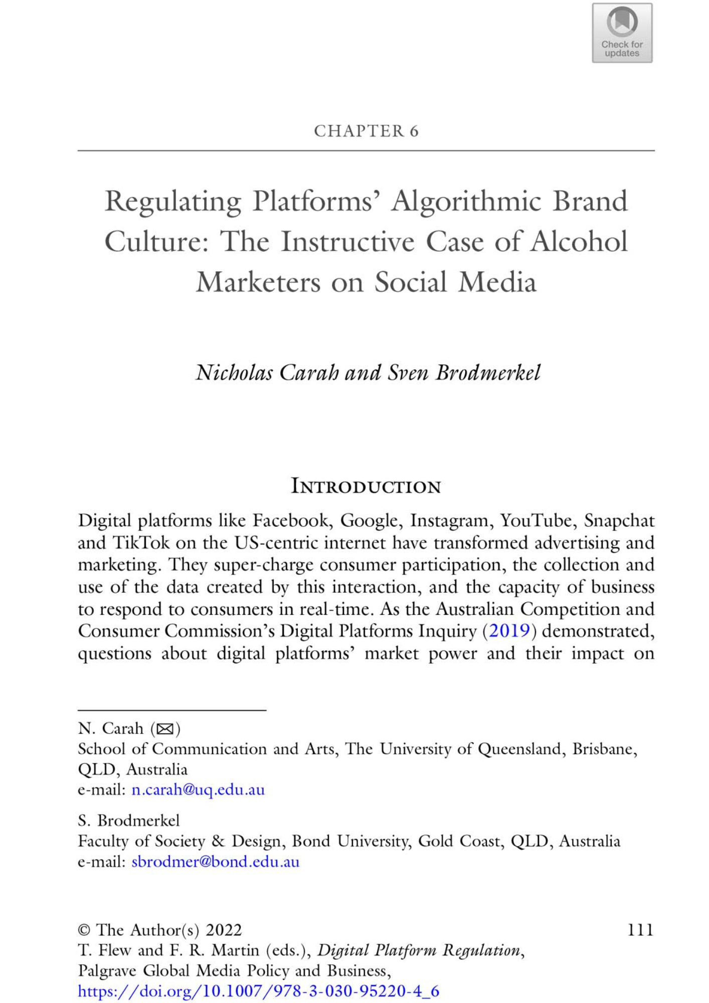 Regulating Platforms’ Algorithmic Brand Culture: The Instructive Case of Alcohol Marketers on Social Media