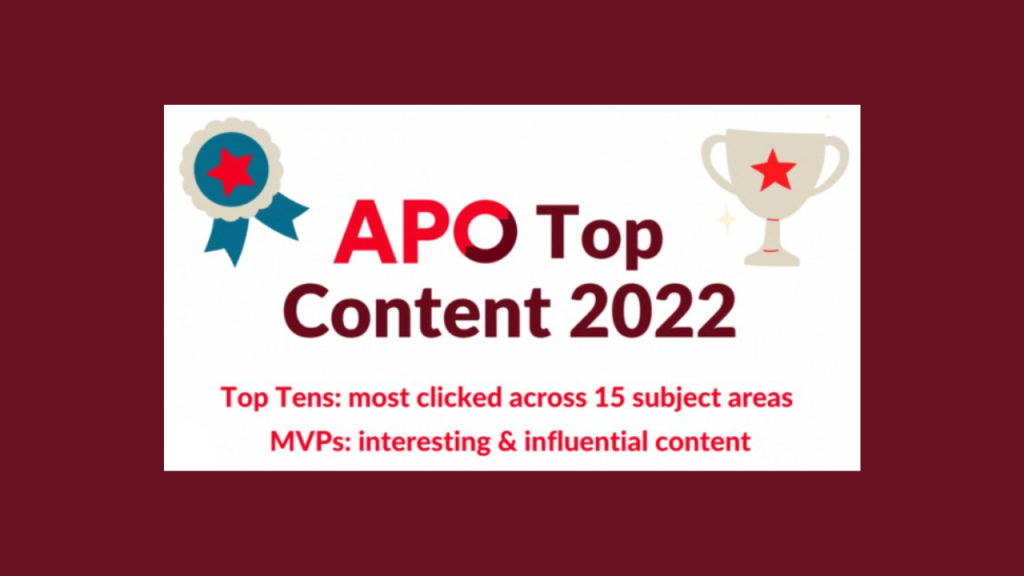 Banner: APO Top Content 2022 Top Tens: most clicked across 15 subject areas MVPs: interesting and influential content