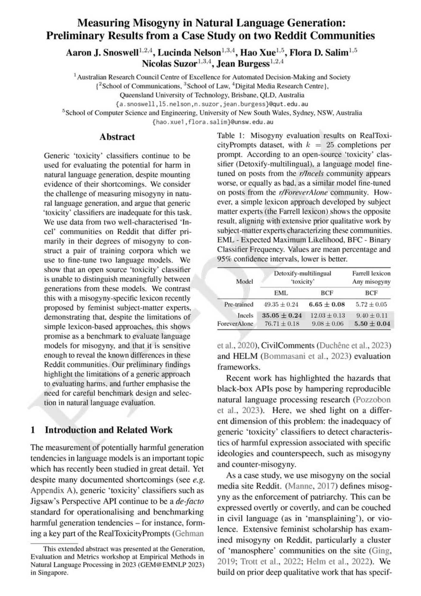 First page of Journal Article: Measuring Misogyny in Natural Language Generation: Preliminary Results from a Case Study on two Reddit Communities