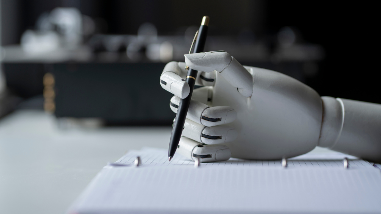 Robot hand writing an essay