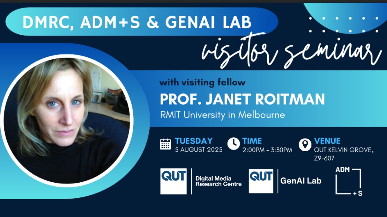 Text: DMRC, ADM+S & GENAI Lab visitor seminar with visiting fellow Prof Janet Roitman, RMIT University in Melbourne. Tuesday 5 August 2025, Time 2.00pm-3.30pm. Venue QUT Kelvin Grove, z9-607. Logos QUT Digital Media Centre, QUT, GenAI Lab and ADM+S. Image of Janet Roitman