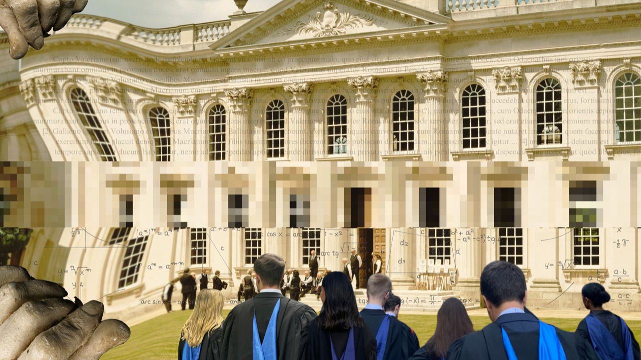 AI-Generated image with university building, overlayed with text and students in academic gowns in the foreground.