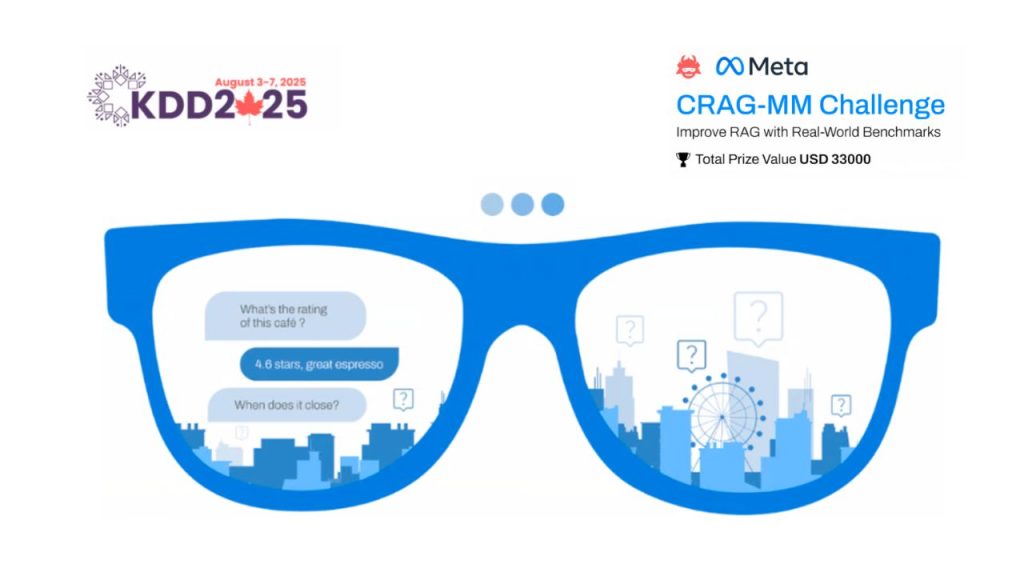 Meta-CRAG Logos: KDD2025 and Meta CRAG-MM Challenge. Image: Illustration of Blue glasses with text prompt inside.