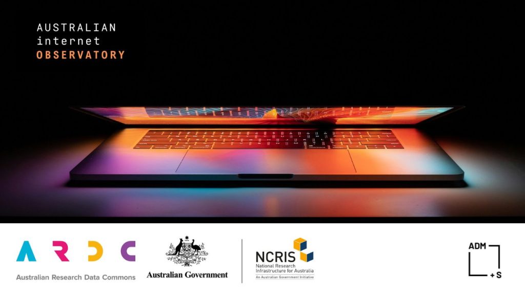 AIO Australian Internet Observatory. Logos for Australian Research Data Commons, Australian Government, National Infrastructure for Australia and ARC Centre of Excellence for Automated Decision-Making and Society. Image of laptop partly open with purple and red glows of colour.