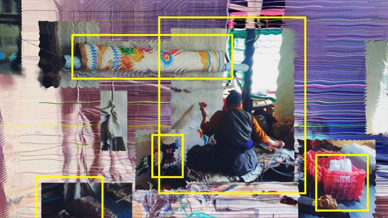 A woman weaves with AI software detection graphics surrounding