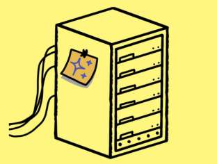 Government agencies and transparency Simplistic illustration of a server rack with wires trailing out of it. A yellow sticky note is taped to the rack with a drawing of cartoon sparkles.