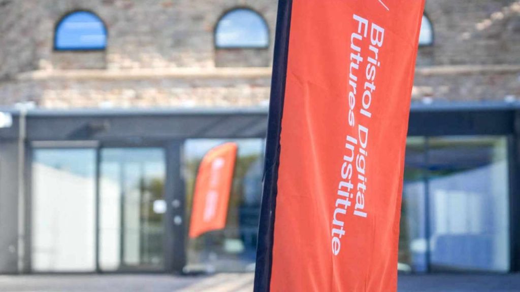 University of Bristol Digital Futures Institute red coloured flag outside Centre