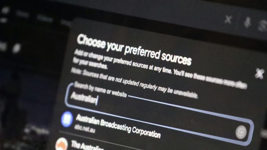 A website tab with text "choose your preferred sources"