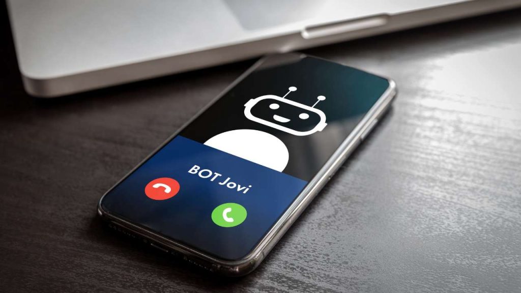 Voice Bot calling to user phone. Cute smiling robot wait answer to call.
