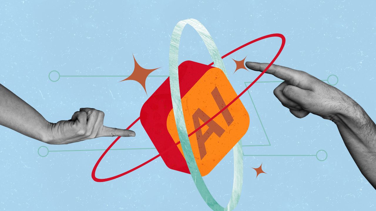 Illustration with hands pointing to AI symbol