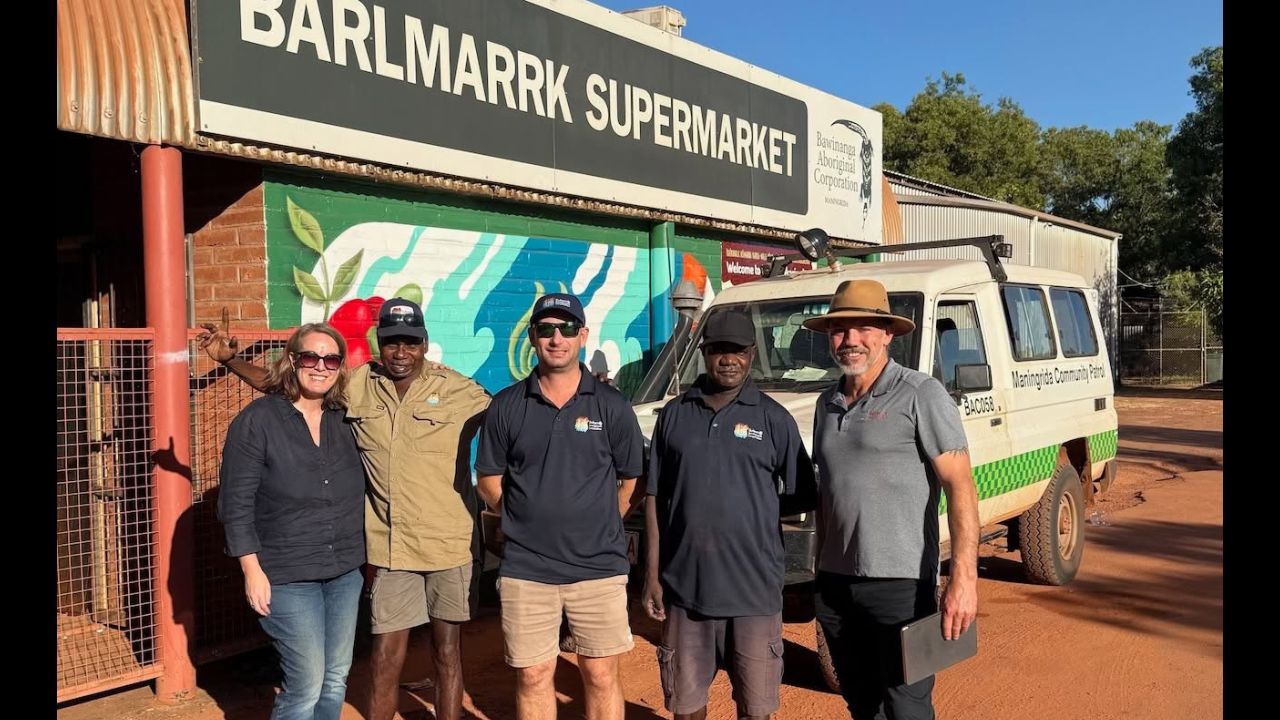 Mapping the Digital Gap research team in Manayingkarírra (Maningrida): left to right - Sharon Parkinson, co-researcher Carl Marratabanga, Adam Longbottom (Manager of partner organisation Dhukurrdji Development Corporation), co-researcher Derek Gibson, and Daniel Featherstone.