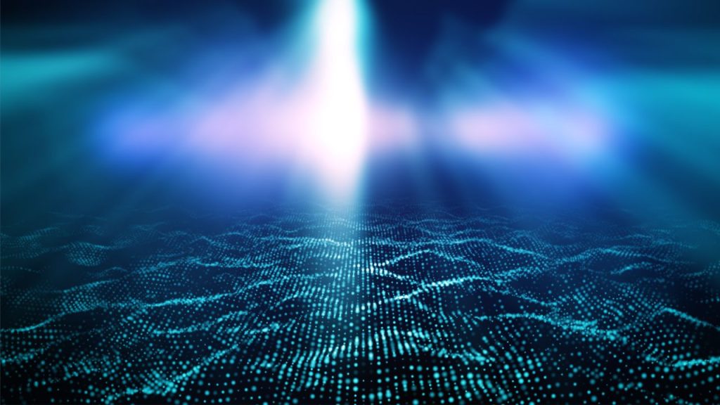 Abstract image in blue and greens light shining on network data
