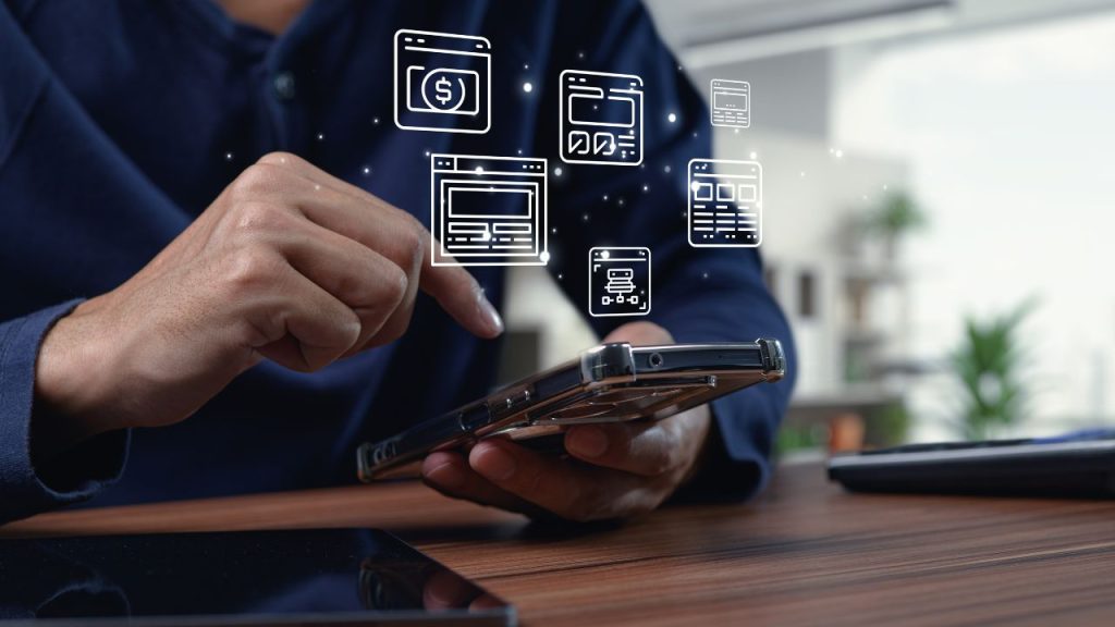 Person on mobile phone with webpage avatars floating above phone