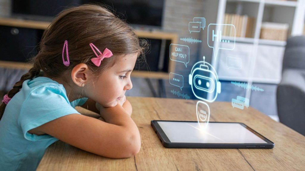 ChatBot Little girl using AI assistant emerging from tablet, concept of artificial intelligence in education