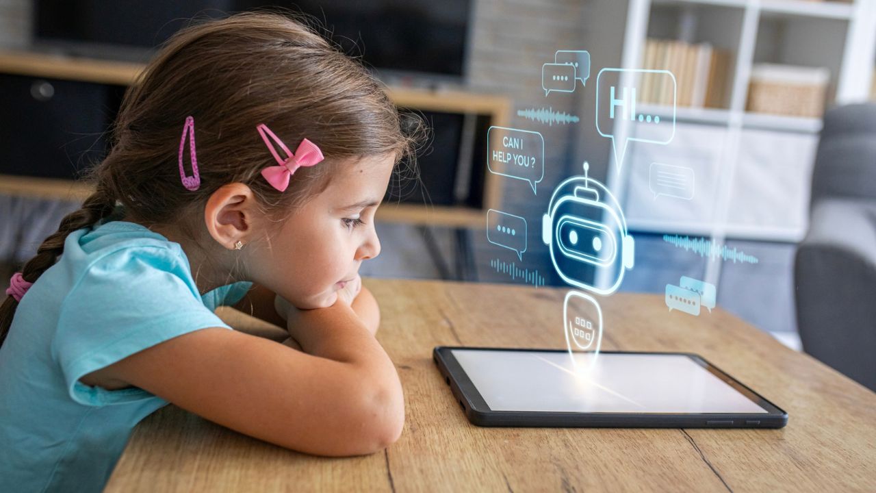 Little girl using AI assistant emerging from tablet, concept of artificial intelligence in education