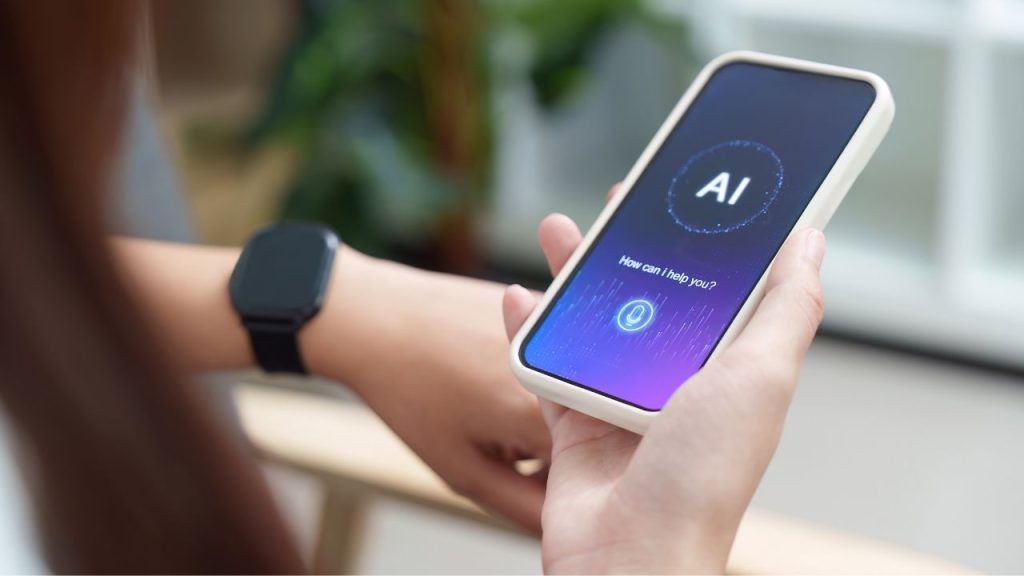 Person holding phone with AI assistant on screen