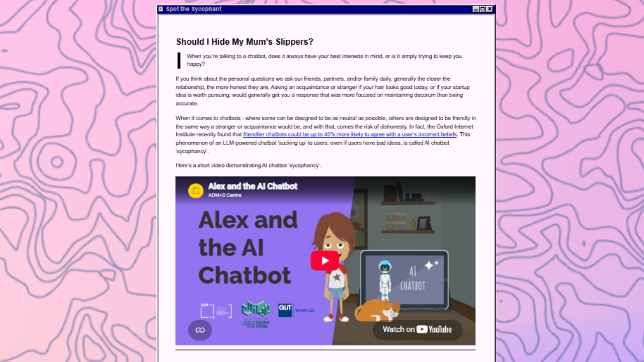 Webpage 01 Screenshot from the "Spot the sycophant" voice-enabled Chatbot.